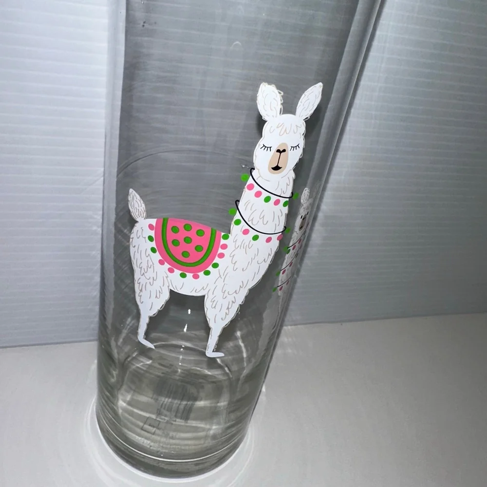 Mainstays Glass Vase Clear/Pink with Llamas Design 10 in